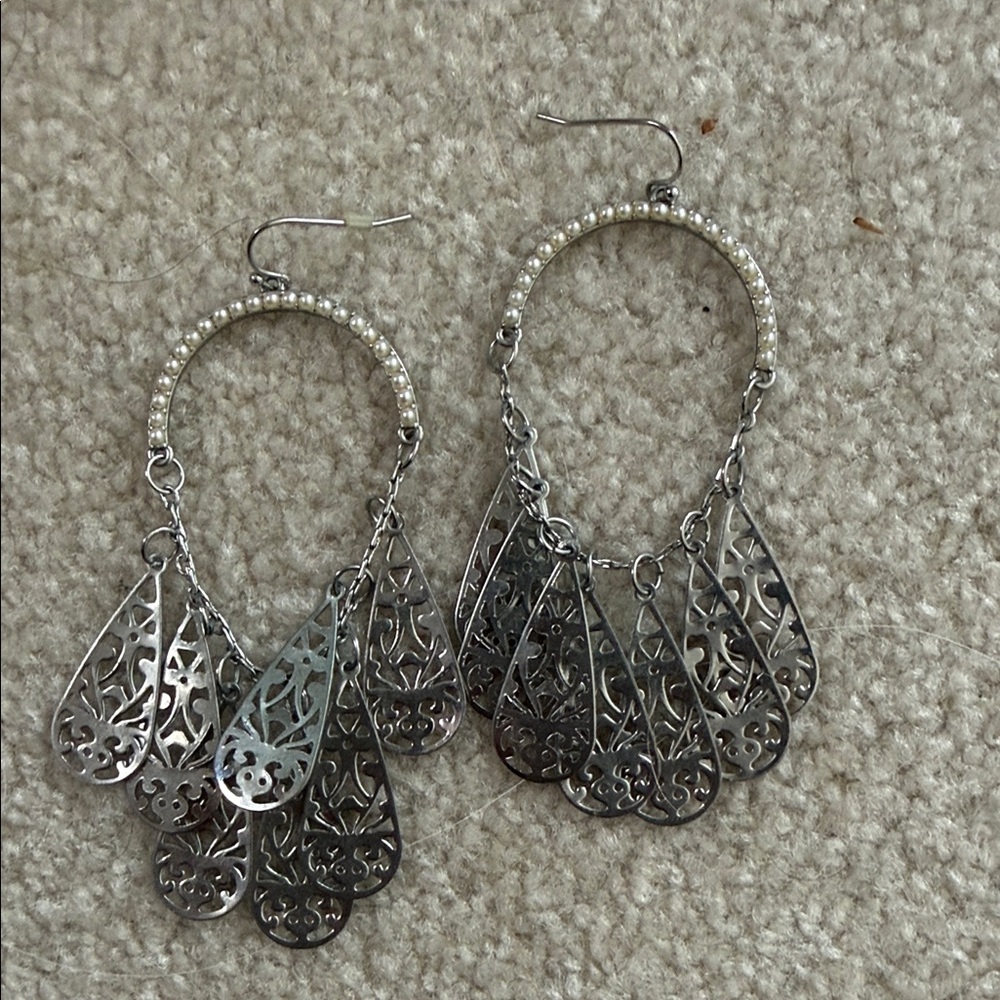 Silver Filigree Teardrop Hoop Earrings with Pearl Accent